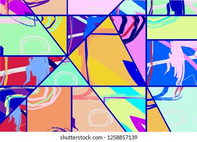 Abstract collage asymmetric pattern. Digital freehand art, grunge texture. Vector patchwork quilt background. Decorative elements, brush strokes ornament for flyer, poster, cover, textile fabric print