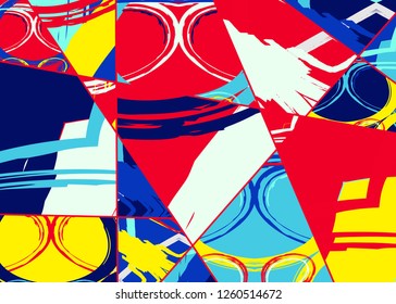 Abstract collage asymmetric pattern. Digital freehand art, grunge texture. Vector patchwork quilt background. Decorative elements, brush strokes ornament for flyer, poster, cover, textile fabric print