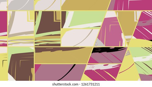 Abstract collage asymmetric pattern. Digital freehand art, grunge texture. Vector patchwork quilt background. Decorative elements, brush strokes ornament for flyer, poster, cover, textile fabric print