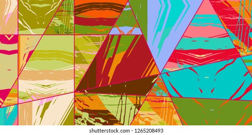 Abstract collage asymmetric pattern. Digital freehand art, grunge texture. Vector patchwork quilt background. Decorative elements, brush strokes ornament for flyer, poster, cover, textile fabric print
