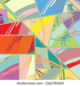 Abstract collage asymmetric pattern. Digital freehand art, grunge texture. Vector patchwork quilt background. Decorative elements, brush strokes ornament for flyer, poster, cover, textile fabric print