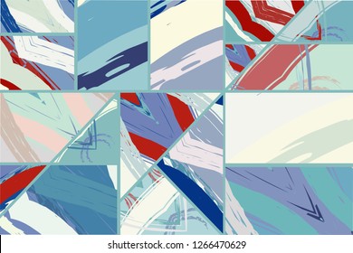 Abstract collage asymmetric pattern. Digital freehand art, grunge texture. Vector patchwork quilt background. Decorative elements, brush strokes ornament for flyer, poster, cover, textile fabric print