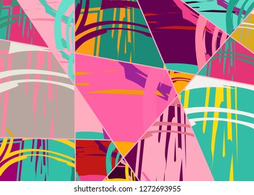 Abstract collage asymmetric pattern. Digital freehand art, grunge texture. Vector patchwork quilt background. Decorative elements, brush strokes ornament for flyer, poster, cover, textile fabric print
