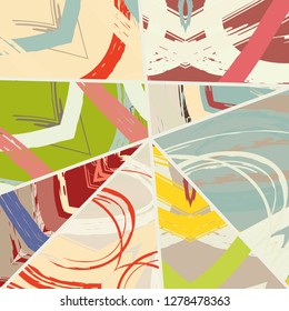 Abstract collage asymmetric pattern. Digital freehand art, grunge texture. Vector patchwork quilt background. Decorative elements, brush strokes ornament for flyer, poster, cover, textile fabric print