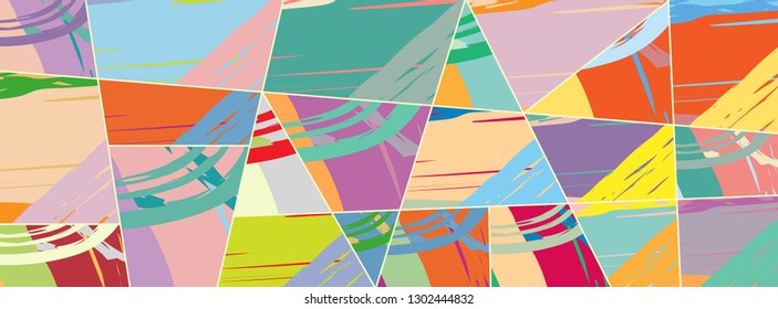 Abstract collage asymmetric pattern. Digital freehand art, grunge texture. Vector patchwork quilt background. Decorative elements, brush strokes ornament for flyer, poster, cover, textile fabric print