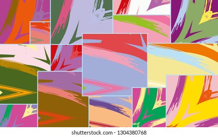 Abstract collage asymmetric pattern. Digital freehand art, grunge texture. Vector patchwork quilt background. Decorative elements, brush strokes ornament for flyer, poster, cover, textile fabric print