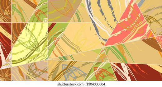 Abstract collage asymmetric pattern. Digital freehand art, grunge texture. Vector patchwork quilt background. Decorative elements, brush strokes ornament for flyer, poster, cover, textile fabric print