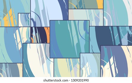 Abstract collage asymmetric pattern. Digital freehand art, grunge texture. Vector patchwork quilt background. Decorative elements, brush strokes ornament for flyer, poster, cover, textile fabric print