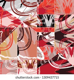 Abstract collage asymmetric pattern. Digital freehand art, grunge texture. Vector patchwork quilt background. Decorative elements, brush strokes ornament for flyer, poster, cover, textile fabric print