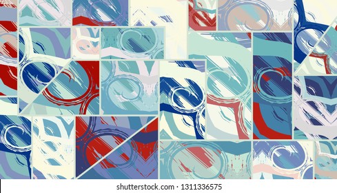 Abstract collage asymmetric pattern. Digital freehand art, grunge texture. Vector patchwork quilt background. Decorative elements, brush strokes ornament for flyer, poster, cover, textile fabric print