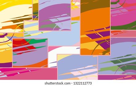 Abstract collage asymmetric pattern. Digital freehand art, grunge texture. Vector patchwork quilt background. Decorative elements, brush strokes ornament for flyer, poster, cover, textile fabric print
