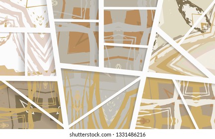 Abstract collage asymmetric pattern. Digital freehand brush strokes, grunge art texture. Vector patchwork quilt background. Trendy geometric lines and shapes with 3D effect