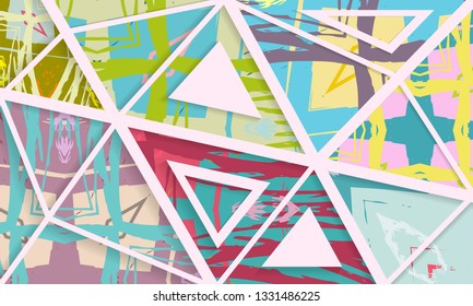 Abstract collage asymmetric pattern. Digital freehand brush strokes, grunge art texture. Vector patchwork quilt background. Trendy geometric lines and shapes with 3D effect