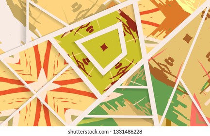 Abstract collage asymmetric pattern. Digital freehand brush strokes, grunge art texture. Vector patchwork quilt background. Trendy geometric lines and shapes with 3D effect