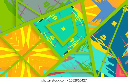 Abstract collage asymmetric pattern. Digital freehand brush strokes, grunge art texture. Vector patchwork quilt background. Trendy geometric lines and shapes with 3D effect