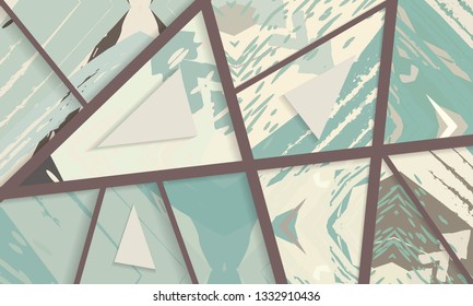 Abstract collage asymmetric pattern. Digital freehand brush strokes, grunge art texture. Vector patchwork quilt background. Trendy geometric lines and shapes with 3D effect