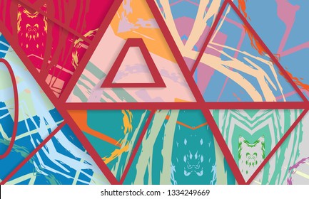 Abstract collage asymmetric pattern. Digital freehand brush strokes, grunge art texture. Vector patchwork quilt background. Trendy geometric lines and shapes with 3D effect
