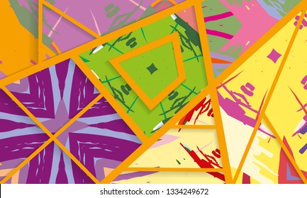 Abstract collage asymmetric pattern. Digital freehand brush strokes, grunge art texture. Vector patchwork quilt background. Trendy geometric lines and shapes with 3D effect