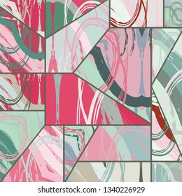 Abstract collage asymmetric pattern. Digital freehand art, grunge texture. Vector patchwork quilt background. Decorative elements, brush strokes ornament for flyer, poster, cover, textile fabric print