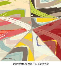 Abstract collage asymmetric pattern. Digital freehand art, grunge texture. Vector patchwork quilt background. Decorative elements, brush strokes ornament for flyer, poster, cover, textile fabric print