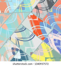 Abstract collage asymmetric pattern. Digital freehand art, grunge texture. Vector patchwork quilt background. Decorative elements, brush strokes ornament for flyer, poster, cover, textile fabric print