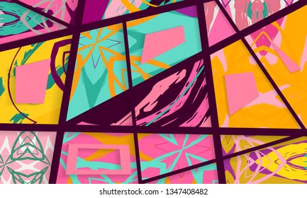 Abstract collage asymmetric pattern. Digital freehand art, grunge texture. Vector patchwork quilt background. Decorative elements, brush strokes ornament for flyer, poster, cover, textile fabric print