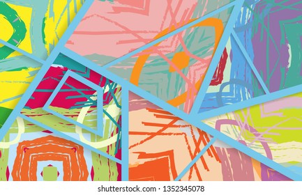 Abstract collage asymmetric pattern. Digital freehand art, grunge texture. Vector patchwork quilt background. Decorative elements, brush strokes ornament for flyer, poster, cover, textile fabric print