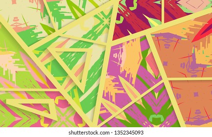 Abstract collage asymmetric pattern. Digital freehand art, grunge texture. Vector patchwork quilt background. Decorative elements, brush strokes ornament for flyer, poster, cover, textile fabric print