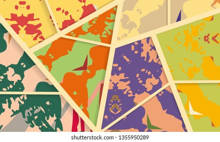 Abstract collage asymmetric pattern. Digital freehand art, grunge texture. Vector patchwork quilt background. Decorative elements, brush strokes ornament for flyer, poster, cover, textile fabric print