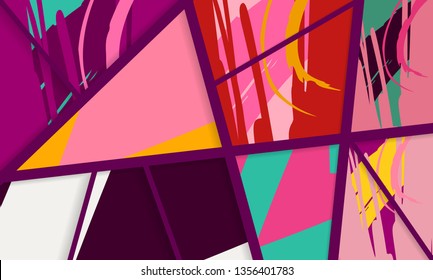 Abstract collage asymmetric pattern. Digital freehand art, grunge texture. Vector patchwork quilt background. Decorative elements, brush strokes ornament for flyer, poster, cover, textile fabric print