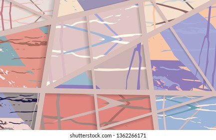 Abstract collage asymmetric pattern. Digital freehand art, grunge texture. Vector patchwork quilt background. Decorative elements, brush strokes ornament for flyer, poster, cover, textile fabric print