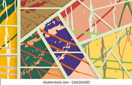 Abstract collage asymmetric pattern. Digital freehand art, grunge texture. Vector patchwork quilt background. Decorative elements, brush strokes ornament for flyer, poster, cover, textile fabric print