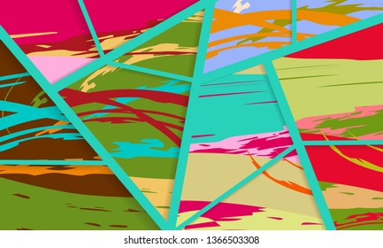 Abstract collage asymmetric pattern. Digital freehand art, grunge texture. Vector patchwork quilt background. Decorative elements, brush strokes ornament for flyer, poster, cover, textile fabric print