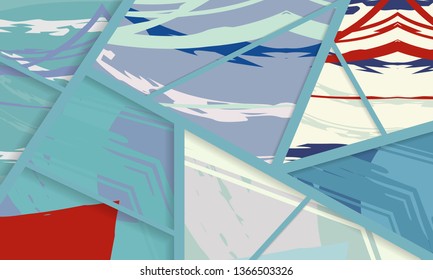 Abstract collage asymmetric pattern. Digital freehand art, grunge texture. Vector patchwork quilt background. Decorative elements, brush strokes ornament for flyer, poster, cover, textile fabric print