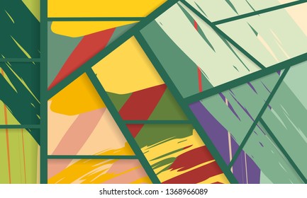 Abstract collage asymmetric pattern. Digital freehand art, grunge texture. Vector patchwork quilt background. Decorative elements, brush strokes ornament for flyer, poster, cover, textile fabric print