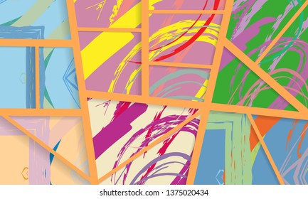 Abstract collage asymmetric pattern. Digital freehand art, grunge texture. Vector patchwork quilt background. Decorative elements, brush strokes ornament for flyer, poster, cover, textile fabric print