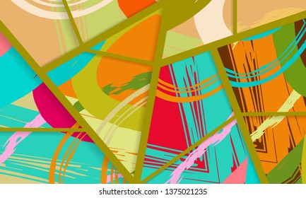 Abstract collage asymmetric pattern. Digital freehand art, grunge texture. Vector patchwork quilt background. Decorative elements, brush strokes ornament for flyer, poster, cover, textile fabric print