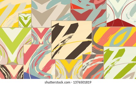 Abstract collage asymmetric pattern. Digital freehand art, grunge texture. Vector patchwork quilt background. Decorative elements, brush strokes ornament for flyer, poster, cover, textile fabric print
