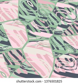 Abstract collage asymmetric pattern. Digital freehand art, grunge texture. Vector patchwork quilt background. Decorative elements, brush strokes ornament for flyer, poster, cover, textile fabric print