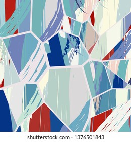 Abstract collage asymmetric pattern. Digital freehand art, grunge texture. Vector patchwork quilt background. Decorative elements, brush strokes ornament for flyer, poster, cover, textile fabric print