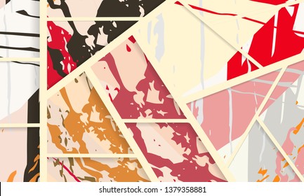 Abstract collage asymmetric pattern. Digital freehand art, grunge texture. Vector patchwork quilt background. Decorative elements, brush strokes ornament for flyer, poster, cover, textile fabric print