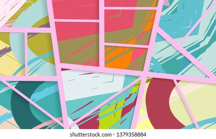 Abstract collage asymmetric pattern. Digital freehand art, grunge texture. Vector patchwork quilt background. Decorative elements, brush strokes ornament for flyer, poster, cover, textile fabric print