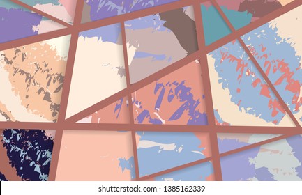 Abstract collage asymmetric pattern. Digital freehand art, grunge texture. Vector patchwork quilt background. Decorative elements, brush strokes ornament for flyer, poster, cover, textile fabric print
