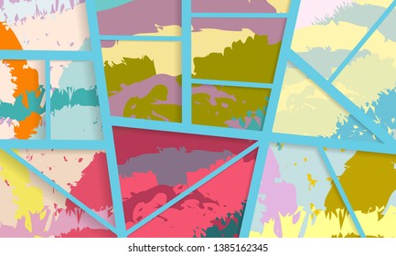 Abstract collage asymmetric pattern. Digital freehand art, grunge texture. Vector patchwork quilt background. Decorative elements, brush strokes ornament for flyer, poster, cover, textile fabric print