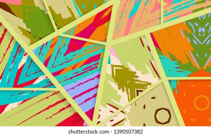 Abstract collage asymmetric pattern. Digital freehand art, grunge texture. Vector patchwork quilt background. Decorative elements, brush strokes ornament for flyer, poster, cover, textile fabric print
