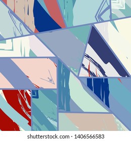 Abstract collage asymmetric pattern. Digital freehand art, grunge texture. Vector patchwork quilt background. Decorative elements, brush strokes ornament for flyer, poster, cover, textile fabric print