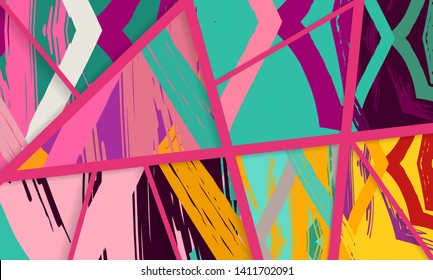 Abstract collage asymmetric pattern. Digital freehand art, grunge texture. Vector patchwork quilt background. Decorative elements, brush strokes ornament for flyer, poster, cover, textile fabric print