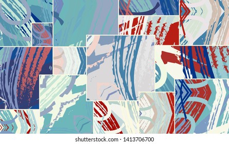Abstract collage asymmetric pattern. Digital freehand art, grunge texture. Vector patchwork quilt background. Decorative elements, brush strokes ornament for flyer, poster, cover, textile fabric print