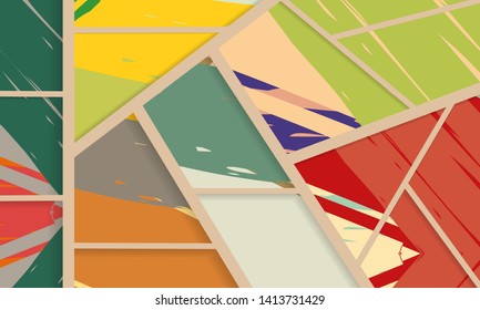 Abstract collage asymmetric pattern. Digital freehand art, grunge texture. Vector patchwork quilt background. Decorative elements, brush strokes ornament for flyer, poster, cover, textile fabric print