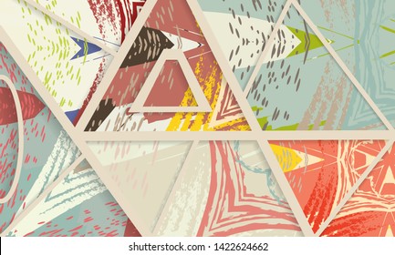 Patrón asimétrico abstracto del colaje. Arte de mano libre digital, textura gruesa. Fondo del tejido de mosaico de mosaico de trabajo de vectores. Elementos decorativos, trazos de pincel adornados para volante, afiche, tapa, tela textil